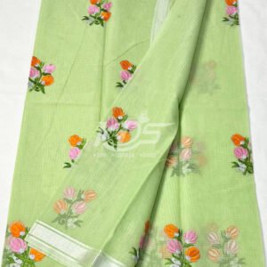 LIGHT GREEN KOTA DORIA FLORAL EMBROIDERY WORK SAREE WITH ZARI BORDER