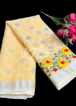 LIGHT YELLOW KOTA DORIA SAREE WITH FLORAL EMBROIDERY WORK