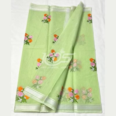 LIGHT GREEN KOTA DORIA FLORAL EMBROIDERY WORK SAREE WITH ZARI BORDER
