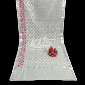 WHITE KOTA DORIA SAREE WITH FLORAL EMBROIDERY WORK