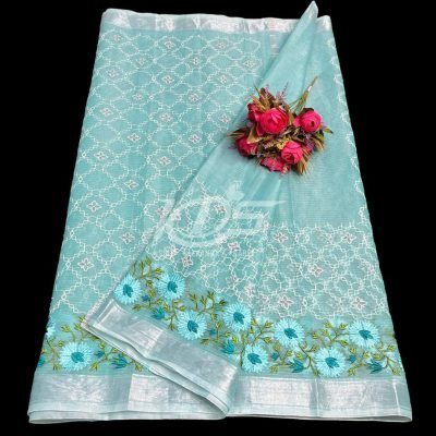 FIROZI KOTA DORIA SAREE WITH FLORAL EMBROIDERY WORK