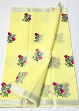 LEMON YELLO KOTA DORIA FLORAL EMBROIDERY WORK SAREE WITH ZARI BORDER