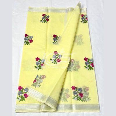 LEMON YELLO KOTA DORIA FLORAL EMBROIDERY WORK SAREE WITH ZARI BORDER
