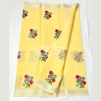 LEMON YELLOW KOTA DORIA FLOWER EMBROIDERY WORK SAREE