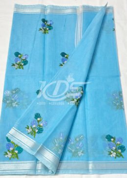 SKY BLUE KOTA DORIA FLORAL EMBROIDERY WORK SAREE WITH ZARI BORDER