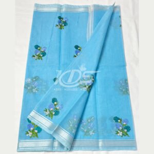 SKY BLUE KOTA DORIA FLORAL EMBROIDERY WORK SAREE WITH ZARI BORDER