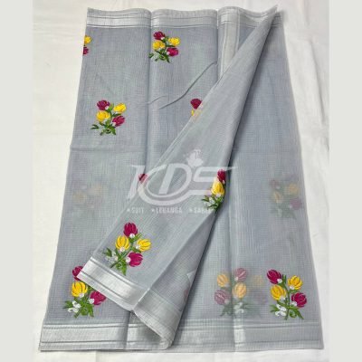 GREY KOTA DORIA FLORAL EMBROIDERY WORK SAREE ZARI BORDER