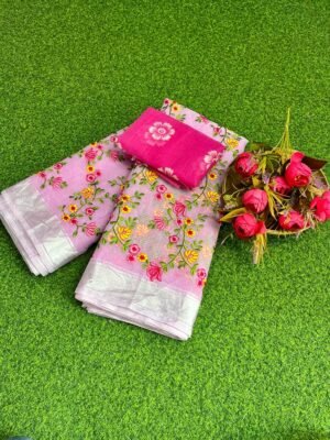 PINK KOTA DORIA FLORAL EMBROIDERY WORK SAREE WITH BLOUSE