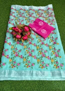 SKY BLUE KOTA DORIA FLORAL EMBROIDERY WORK SAREE WITH BLOUSE