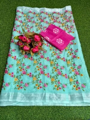 SKY BLUE KOTA DORIA FLORAL EMBROIDERY WORK SAREE WITH BLOUSE