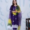 Dark Purple Pure Cotton Kota Doria Embroidered Readymade Suit with Multicolour Bhandej Dupatta.