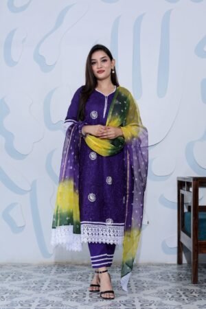 Dark Purple Pure Cotton Kota Doria Embroidered Readymade Suit with Multicolour Bhandej Dupatta.