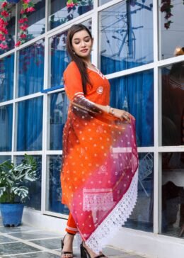 Orange Pure Cotton Kota Doria Embroidered Readymade Suit Paired with a Multicolour Bhandej Dupatta