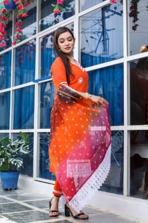 Orange Pure Cotton Kota Doria Embroidered Readymade Suit Paired with a Multicolour Bhandej Dupatta