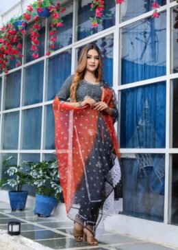 Grey Pure Cotton Kota Doria Embroidered Readymade Suit Paired with a Multicolour Bhandej Dupatta