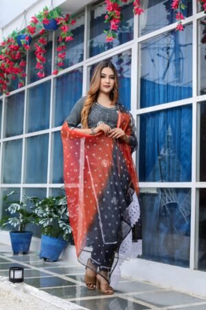 Grey Pure Cotton Kota Doria Embroidered Readymade Suit Paired with a Multicolour Bhandej Dupatta