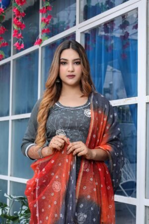 Grey Pure Cotton Kota Doria Embroidered Readymade Suit Paired with a Multicolour Bhandej Dupatta