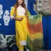 Lemon Yellow Pure Cotton Kota Doria Embroidered Readymade Suit Paired with a Multicolour Bhandej Dupatta