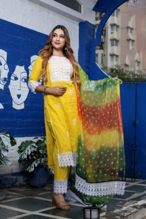 Lemon Yellow Pure Cotton Kota Doria Embroidered Readymade Suit Paired with a Multicolour Bhandej Dupatta