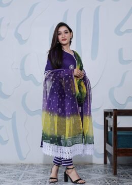 Dark Purple Pure Cotton Kota Doria Embroidered Readymade Suit with Multicolour Bhandej Dupatta.