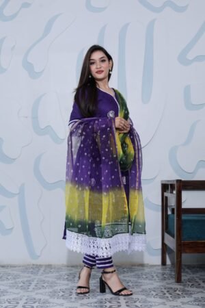 Dark Purple Pure Cotton Kota Doria Embroidered Readymade Suit with Multicolour Bhandej Dupatta.