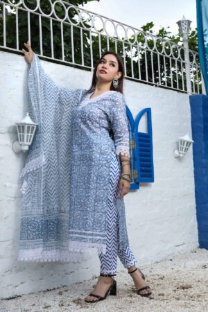 Soft Blue Kota Doria Hand Block Print Readymade Suit With Bottom and Dupatta