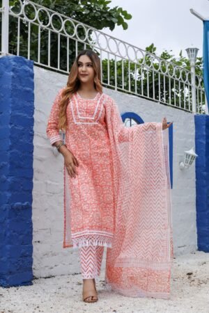 Peach Kota Doria Hand Block Print Readymade Suit With Bottom and Dupatta