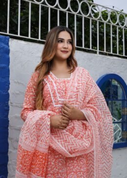 Peach Kota Doria Hand Block Print Readymade Suit With Bottom and Dupatta