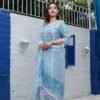 Sky Blue Kota Doria Hand Block Print Readymade Suit With Bottom and Dupatta