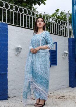 Sky Blue Kota Doria Hand Block Print Readymade Suit With Bottom and Dupatta