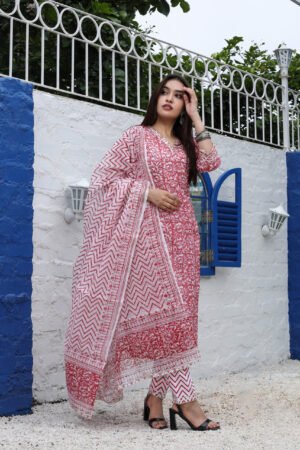 Carrot Red Kota Doria Hand Block Print Suit With Bottom and Dupatta