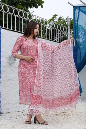 Carrot Red Kota Doria Hand Block Print Suit With Bottom and Dupatta