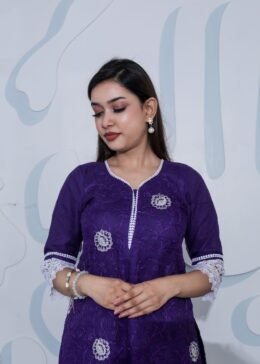 Dark Purple Pure Cotton Kota Doria Embroidered Readymade Suit with Multicolour Bhandej Dupatta.