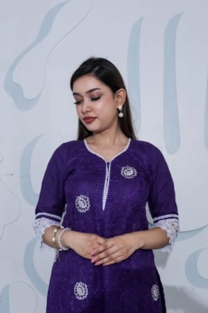 Dark Purple Pure Cotton Kota Doria Embroidered Readymade Suit with Multicolour Bhandej Dupatta.