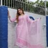 Pink Kota Doria Hand Block Print Readymade Suit With Bottom and Dupatta