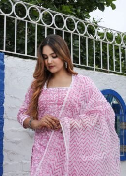 Pink Kota Doria Hand Block Print Readymade Suit With Bottom and Dupatta