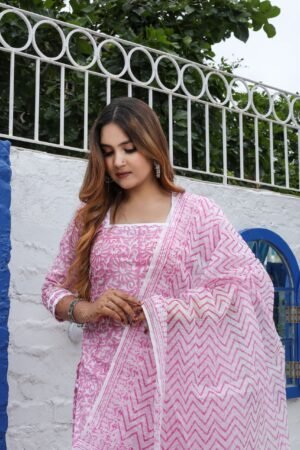 Pink Kota Doria Hand Block Print Readymade Suit With Bottom and Dupatta