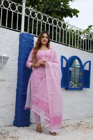 Pink Kota Doria Hand Block Print Readymade Suit With Bottom and Dupatta