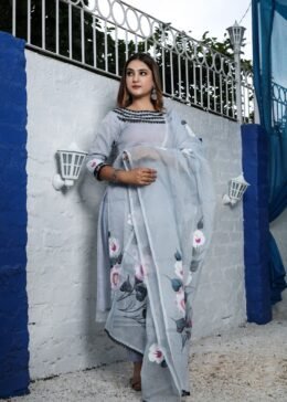 Grey Kota Doria Hand Painted Readymade Suit