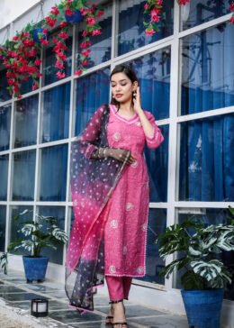 Pink Pure Cotton Kota Doria Embroidered Readymade Suit Paired with a Multicolour Bandhej Dupatta