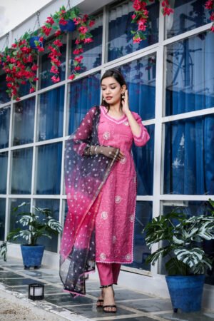 Pink Pure Cotton Kota Doria Embroidered Readymade Suit Paired with a Multicolour Bandhej Dupatta