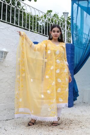 Yellow Kota Doria Embroidered Readymade Suit with chikankari bottom and dupatta with embroidered work