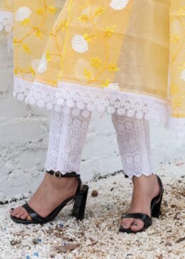 Yellow Kota Doria Embroidered Readymade Suit with chikankari bottom and dupatta with embroidered work