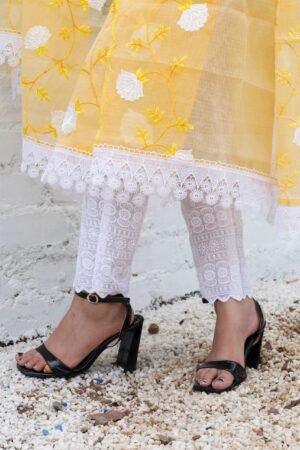 Yellow Kota Doria Embroidered Readymade Suit with chikankari bottom and dupatta with embroidered work