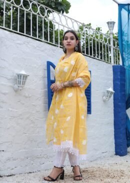 Yellow Kota Doria Embroidered Readymade Suit with chikankari bottom and dupatta with embroidered work