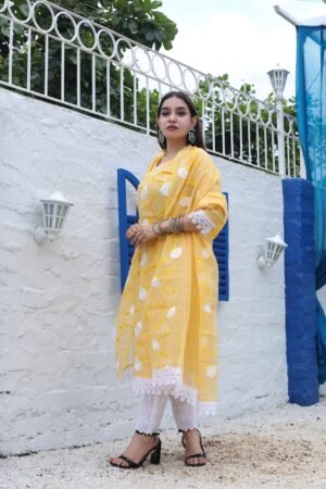 Yellow Kota Doria Embroidered Readymade Suit with chikankari bottom and dupatta with embroidered work