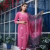 Pink Pure Cotton Kota Doria Embroidered Readymade Suit Paired with a Multicolour Bhandej Dupatta