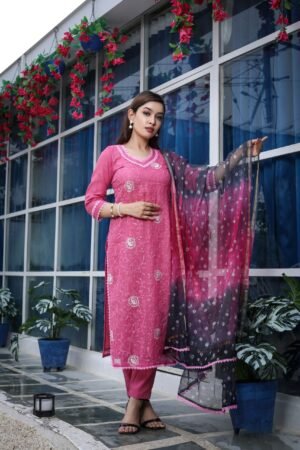 Pink Pure Cotton Kota Doria Embroidered Readymade Suit Paired with a Multicolour Bhandej Dupatta