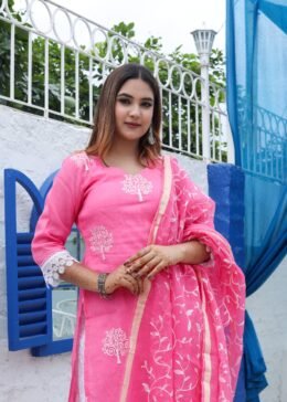 Pink Kota Doria Embroidered Readymade Suit Paired with Chikankari Bottom and Embroidered Dupatta