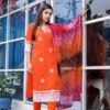 Orange Pure Cotton Kota Doria Embroidered Readymade Suit Paired with a Multicolour Bhandej Dupatta